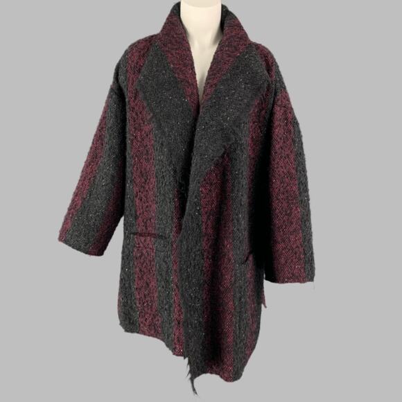 IRO Size 6 Beverly Black Burgundy Wool Blend Stripe Open Front Coat - Picture 1 of 6